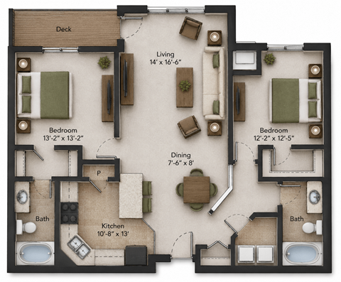 Floor plan for 2 beds, 2 baths, 1370 sqft